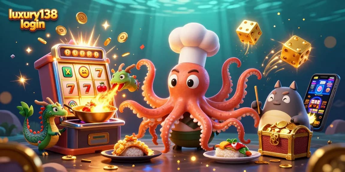 Experience thrilling gameplay at luxury138 login with a sushi chef octopus, slot machines, and golden treasures!