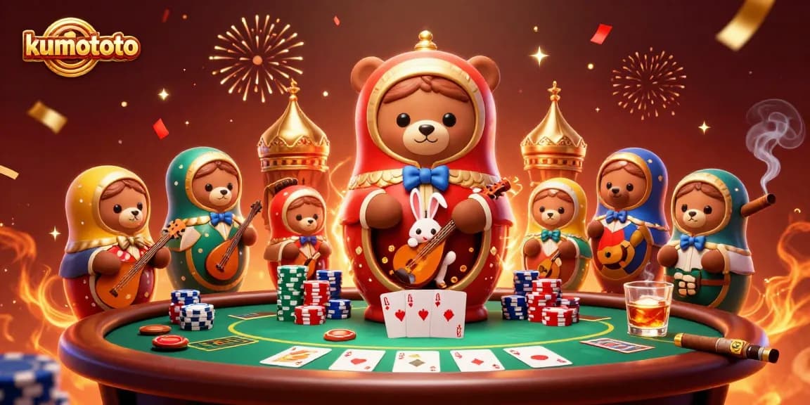 Kumontoto's vibrant 3D illustration showcases a dynamic casino atmosphere with playful characters and engaging gaming elements.