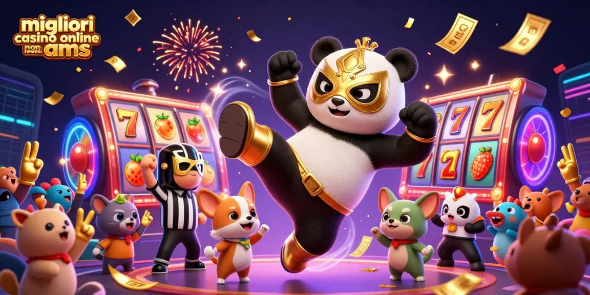 I migliori casinò online non AAMS offrono emozionanti brividi di gioco mentre un panda lottatore si esibisce in una vivace scena di casinò.