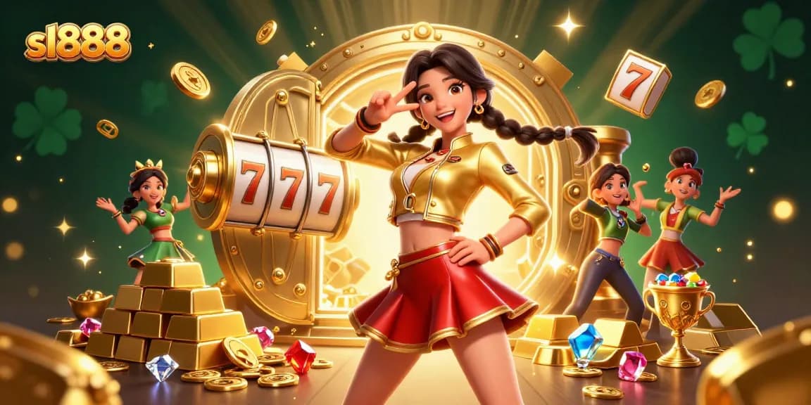 Engage with sl888 slot reels and jackpots in this vibrant casino scene filled with treasures.