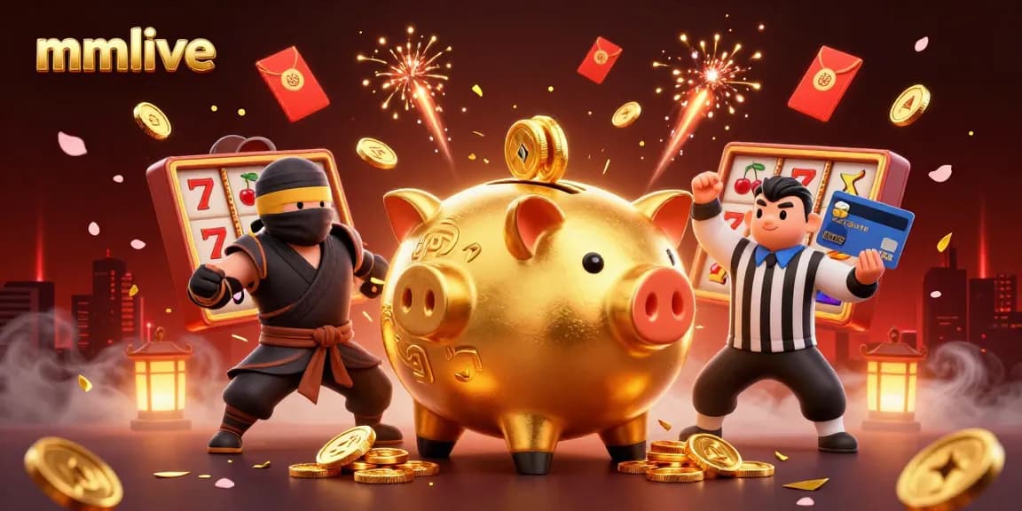 MMLIVE features a dynamic scene with a golden piggy bank wrestler, ninja, and samurai in an engaging slots environment.