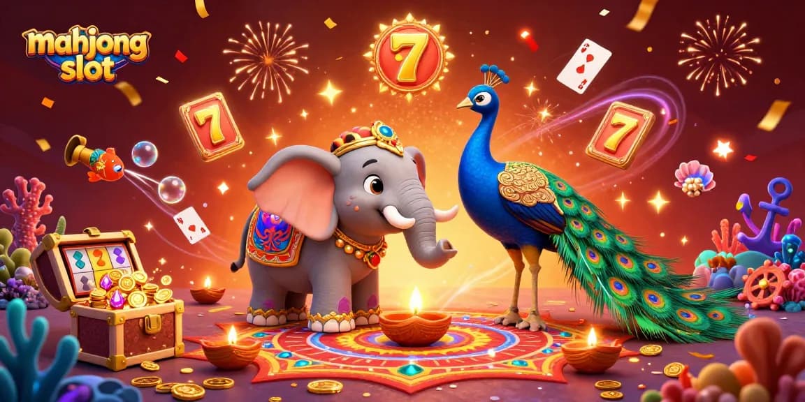 Engage with mahjong slot excitement in this vibrant casino-themed illustration featuring colorful characters and dynamic game elements.