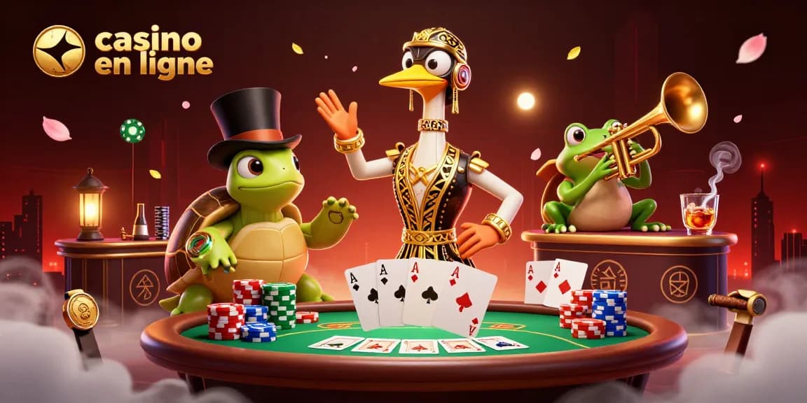 Jouez à des jeux de casino en ligne avec une illustration 3D captivante mettant en avant des personnages amusants.