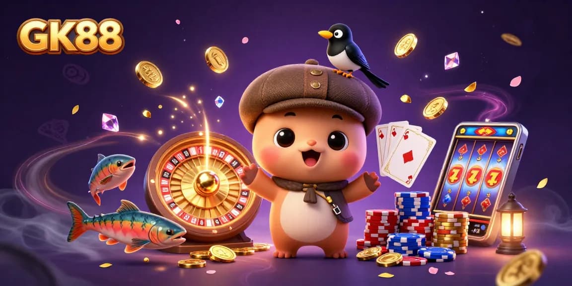 Experience GK88's dynamic world with cartoon Nessie, gold coins, and poker chips.