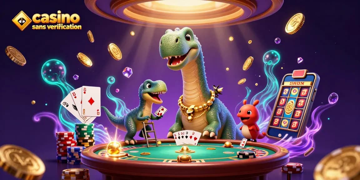 Jouez dans un casino sans vérification avec un brontosaurus géant observant une table de poker animée.