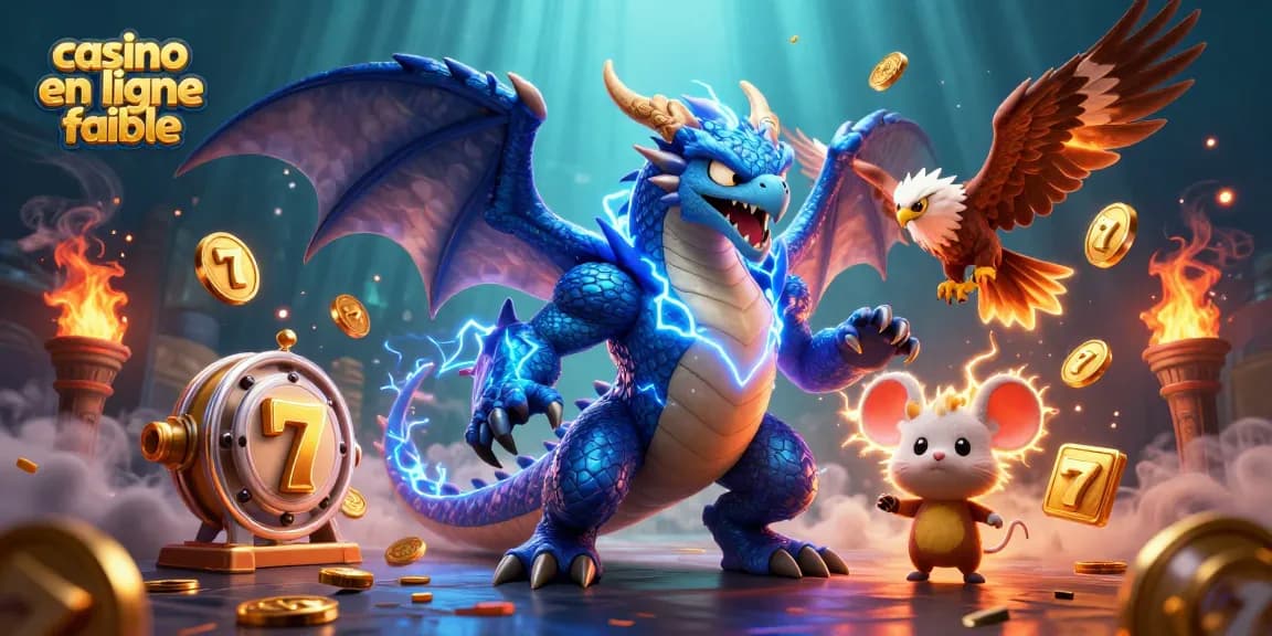 Découvrez le casino en ligne fiable avec cette illustration dynamique alliant dragon, héros, et jeux de machines à sous.