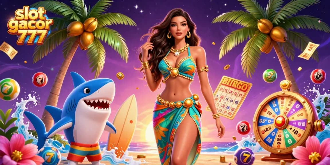 Engage with the thrilling slot gacor 777 experience through vibrant game symbols, a beach goddess, and rich prizes.