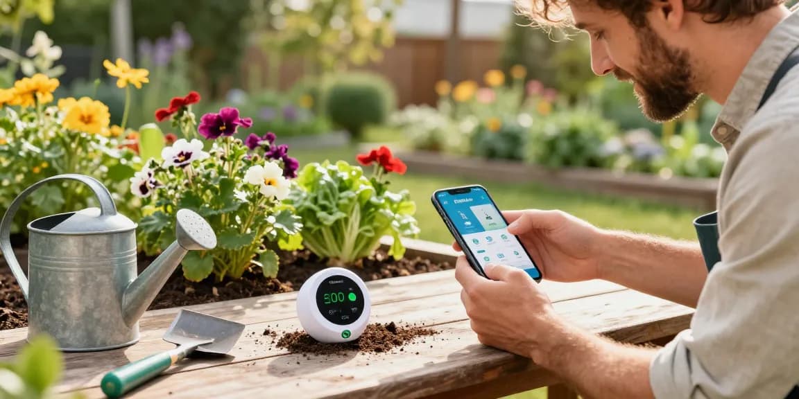 Using a rainpoint wifi water timer to maintain vibrant garden plants during sunny day.