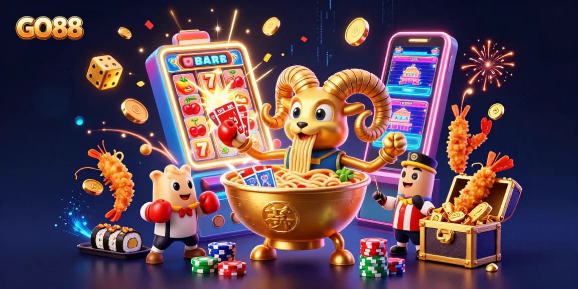 Experience thrilling wins at GO88 Casino with a dynamic illustration of fun characters in a vibrant gaming scene.