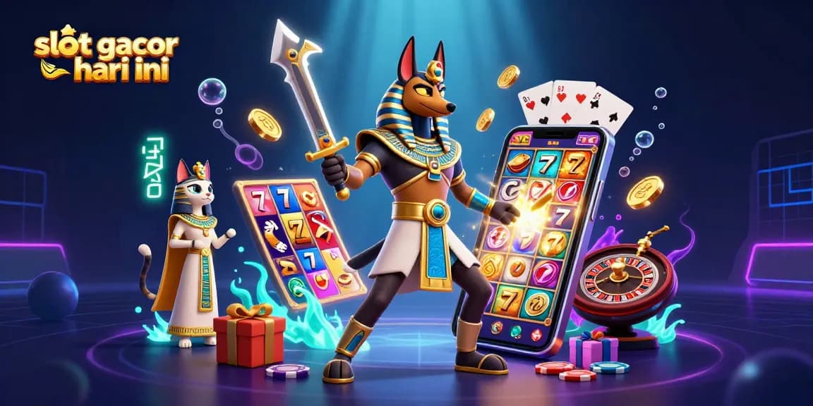 Engage with slot gacor hari ini through an exciting 3D illustration of Anubis and Bastet surrounded by vibrant slot game elements.