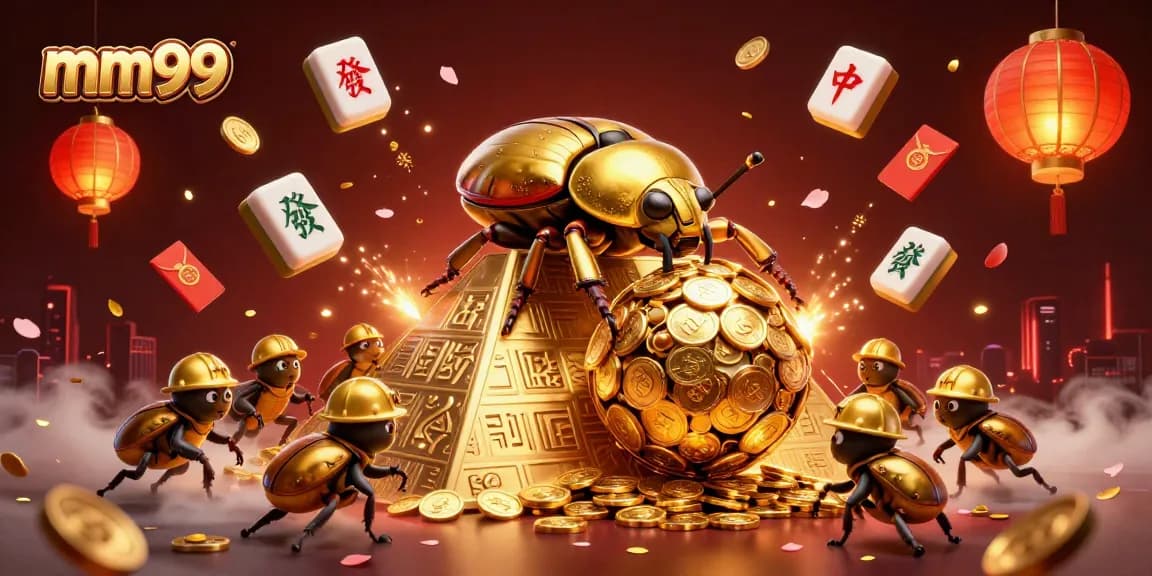 Experience the thrill of mm99 as a golden beetle conquers a pyramid of coins, surrounded by festive casino elements.