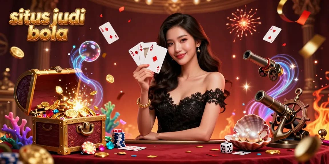 Experience excitement on situs judi bola with a stunning illustration of a graceful woman holding playing cards surrounded by vibrant casino elements.