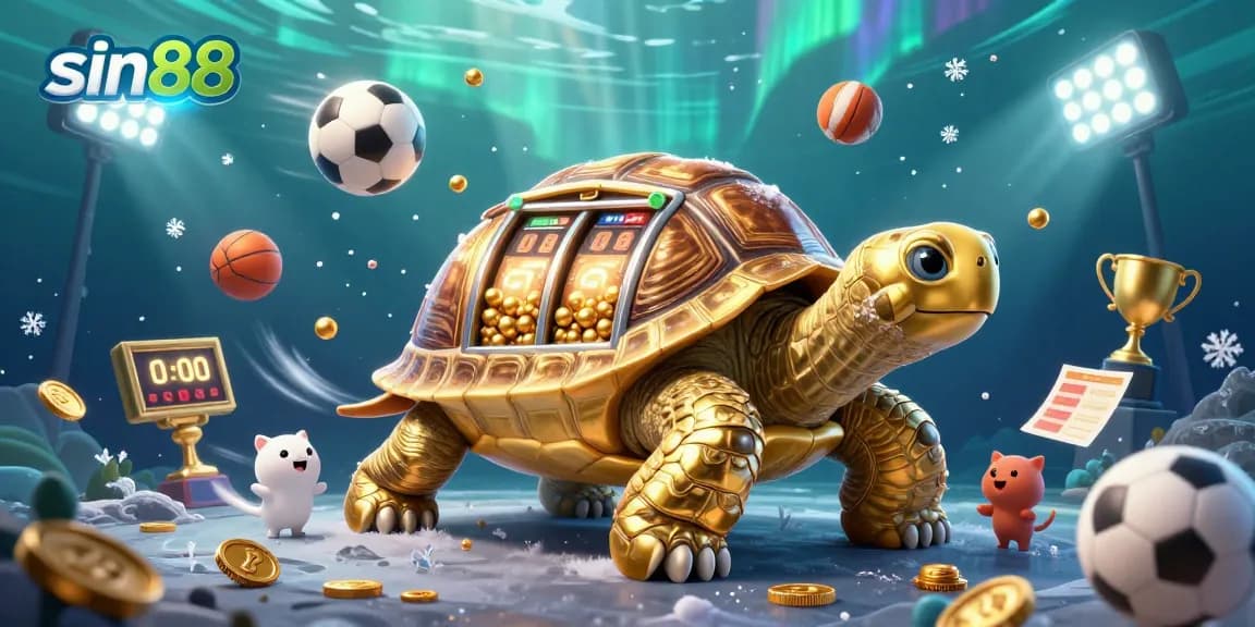 Experience exciting gambling with sin88's vibrant golden tortoise slot machine illustration, featuring flying sports balls and festive details.