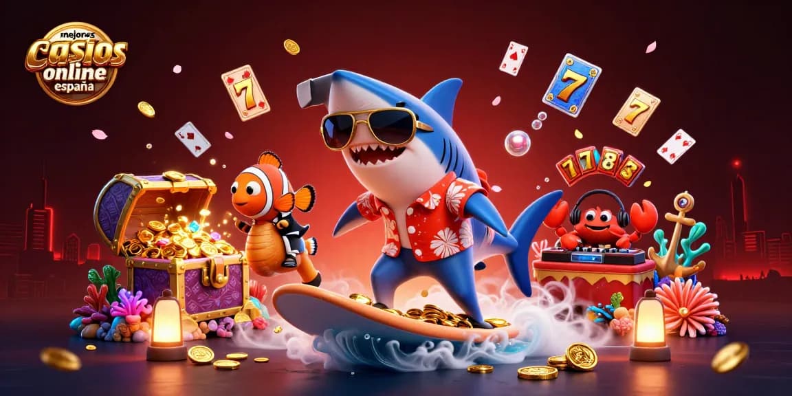 Imagen vibrante de los mejores casinos online en España, con un tiburón surfeando monedas doradas y elementos de tragamonedas.
