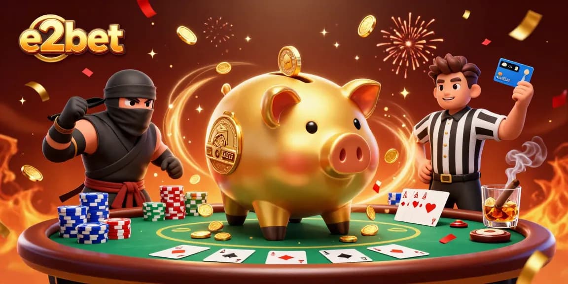 Experience the excitement of e2bet with a lively casino illustration, featuring unique characters and rich game elements.