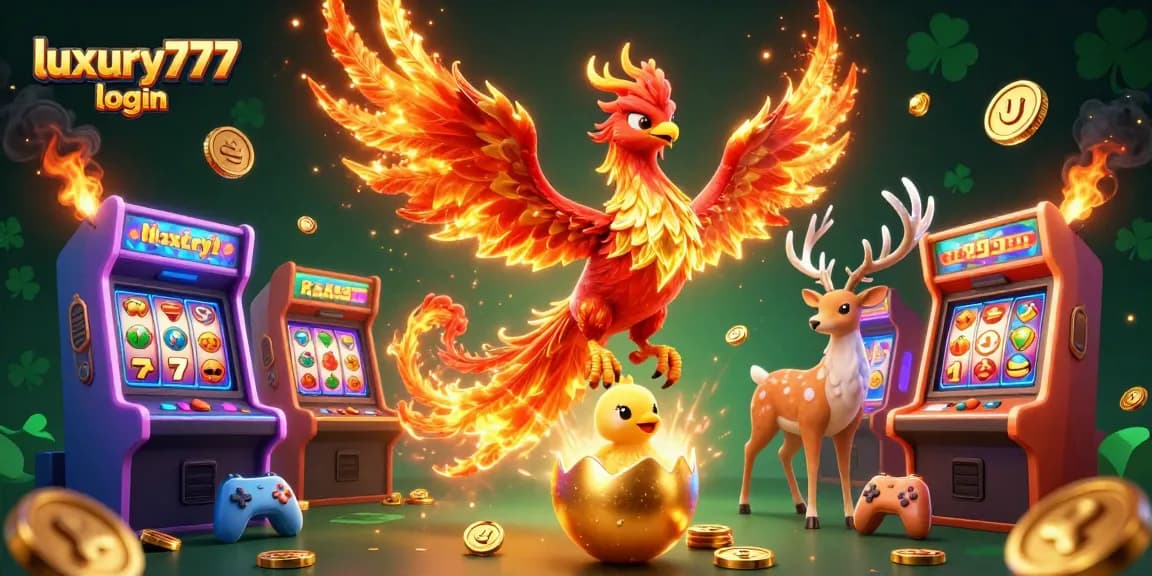 Play thrilling games with luxury777 login, featuring a vibrant 3D phoenix surrounded by slot elements.