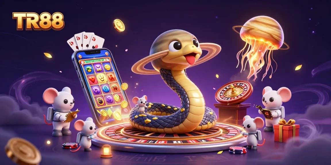 Experience excitement at TR88 with a unique cosmic casino scene, featuring a Saturn snake and astronaut mice betting.