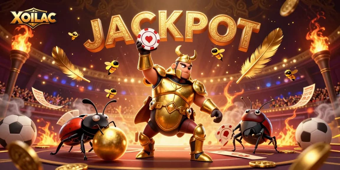 Experience excitement with XOILAC as cartoon heroes celebrate a sports betting victory with swirling coins and vibrant stadium.