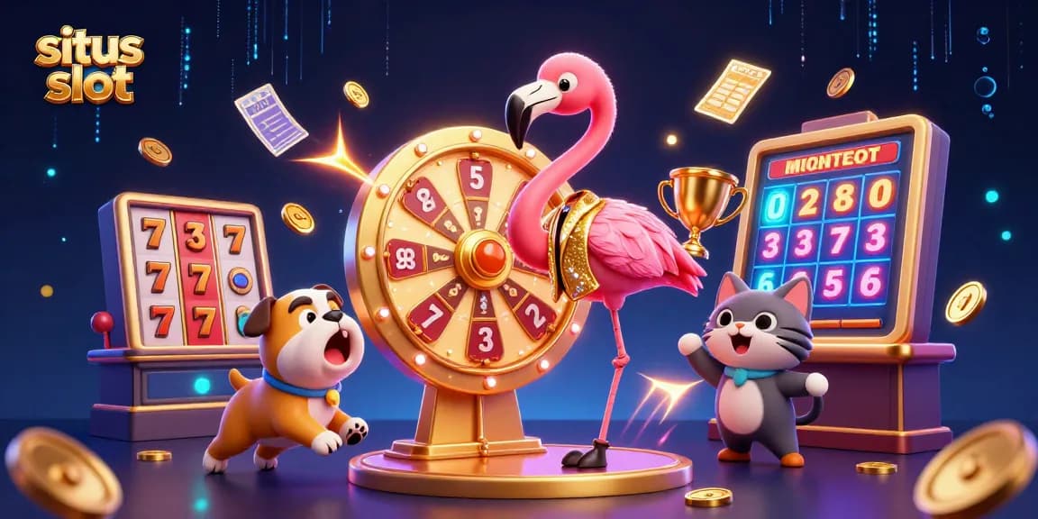 Situs slot game illustration featuring a flamingo host, bulldog contestant, and prizes, highlighting exciting gameplay.