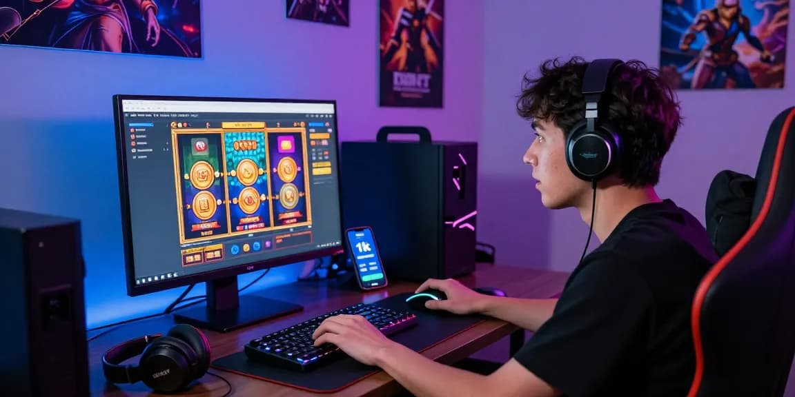 Engaged gamer ready to make a slot deposit 1k on GARUDA303, showcasing vibrant online gaming setup.