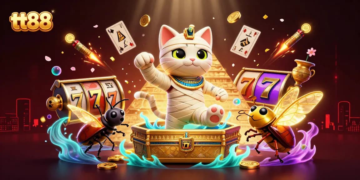 Experience thrilling slot action at tt88 with a colorful casino illustration featuring unique characters and engaging elements.