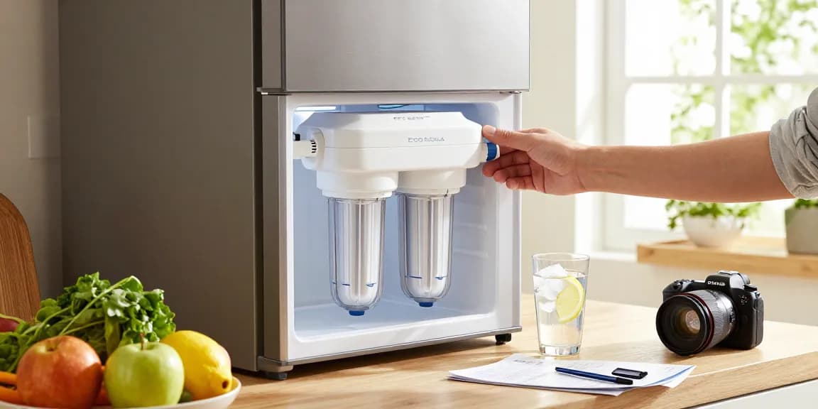 EcoAqua EFF-6011A Refrigerator Water Filter installation in a bright kitchen, showcasing health and freshness.