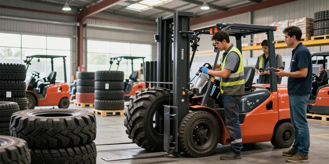 Forklift tyres for sale in Johannesburg showcased in a vibrant warehouse setting, highlighting solid, pneumatic, and polyurethane options.