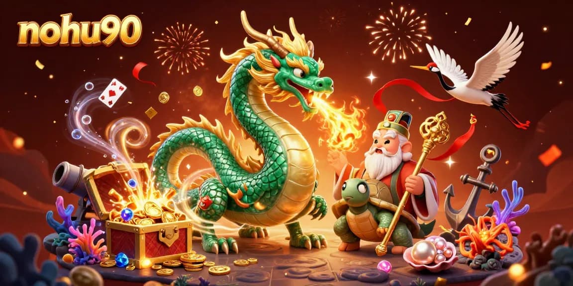 Nohu90 unleashes vibrant gaming action with emerald dragon, turtle sage, and lucky cranes amidst treasure.
