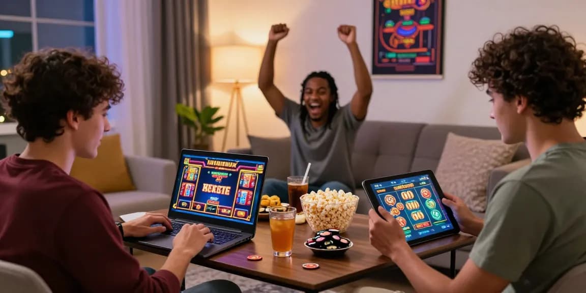 Groupe enthousiaste jouant ensemble à des jeux de casino en ligne chez eux, célébrant des victoires.