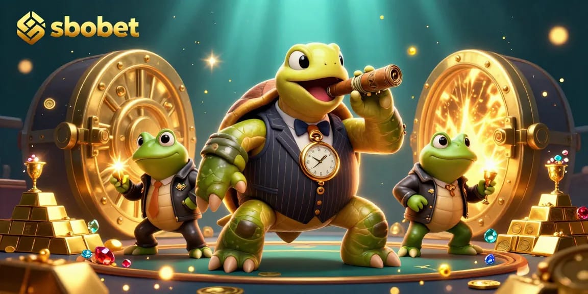 Bet on sbobet with a vibrant 3D scene featuring a turtle mobster and frog enforcers in a casino