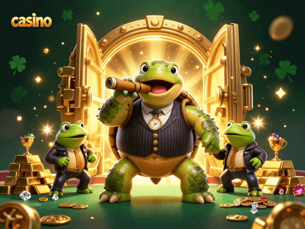 Engaging casino scene with a snapping turtle and bullfrog enforcers amid gold, gems, and light effects.