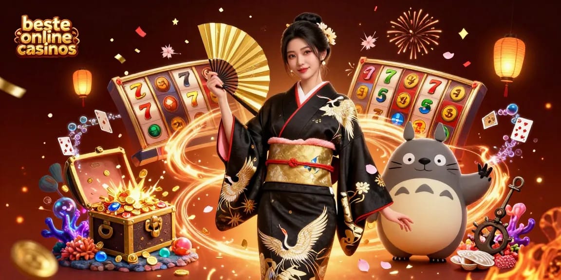 Experience the excitement at beste online casinos with a vibrant scene featuring a kimono-clad woman and lucky gaming symbols.