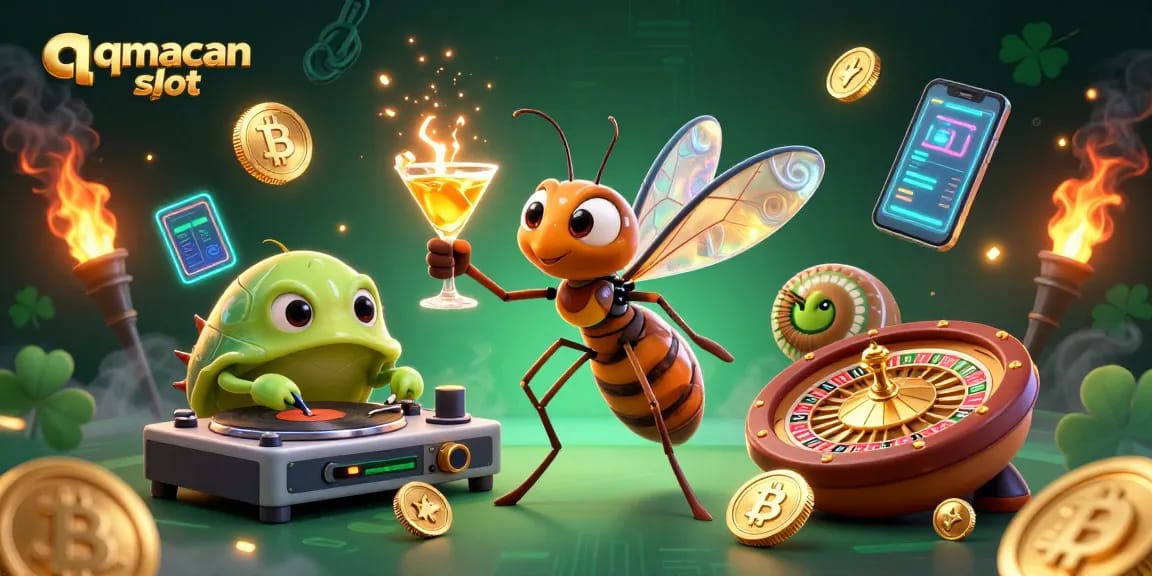 Experience thrilling gameplay at qqmacan slot with a vibrant casino-themed illustration featuring 3D characters and crypto elements.