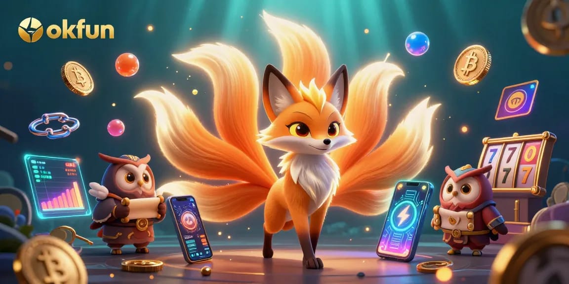 Experience thrilling gaming at okfun with a vibrant 3D casino scene featuring mystical characters and glowing elements.