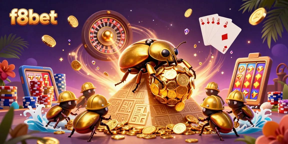Engage in thrilling gameplay at f8bet with golden beetles amidst a dynamic casino scene.