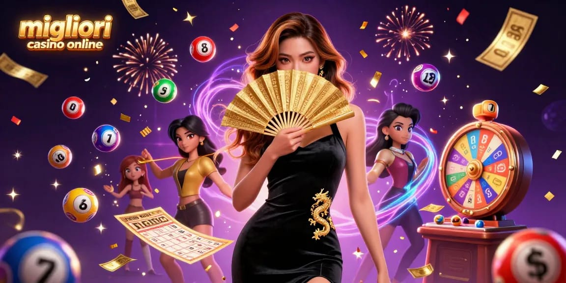 Interagisci con i migliori casino online in una scena di lotteria vibrante e dinamica che presenta elementi coinvolgenti.