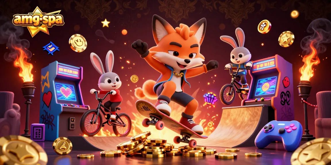 Amg-spa showcases a vibrant 3D casino scene with cartoon characters performing tricks around poker chips.