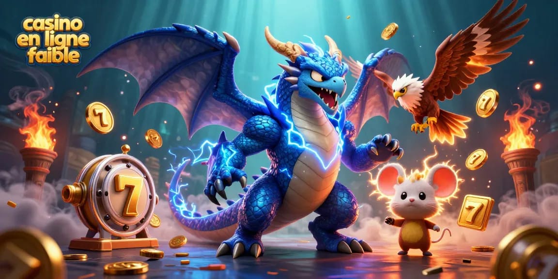 Découvrez le casino en ligne fiable avec cette illustration dynamique alliant dragon, héros, et jeux de machines à sous.