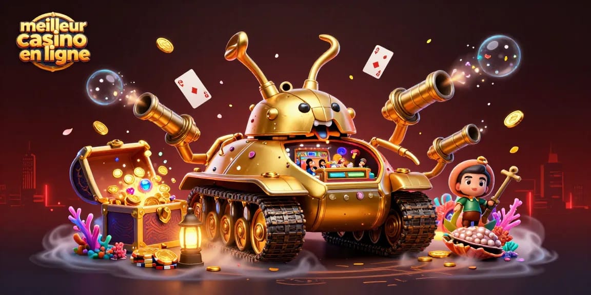 Jouez au meilleur casino en ligne avec une illustration dynamique d'un tank et un mini-casino à l’intérieur.