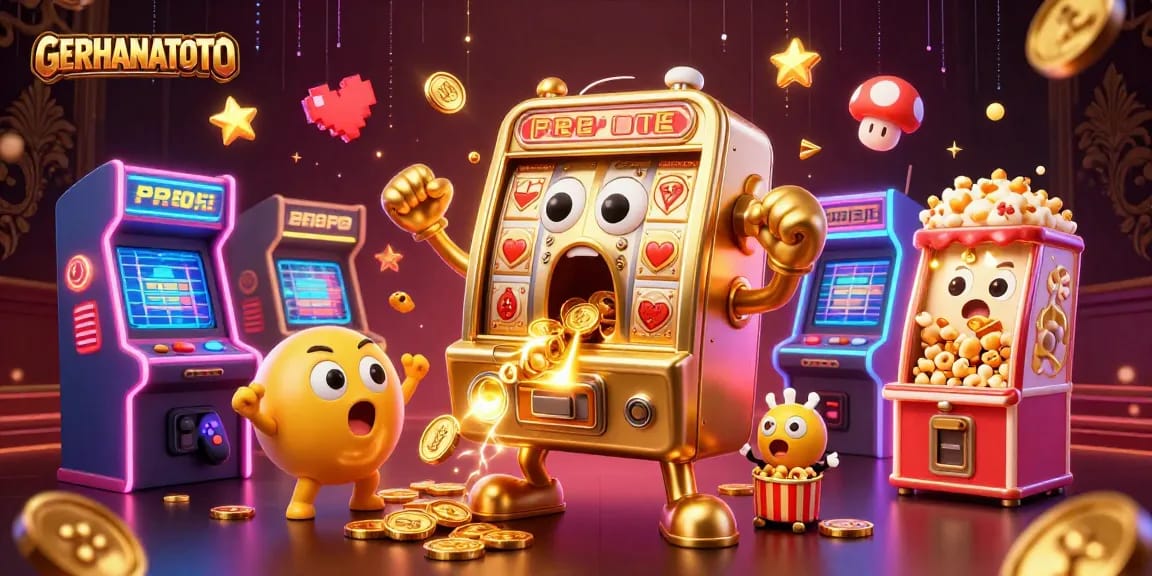 GERHANATOTO menampilkan mesin slot emas yang meraih jackpot dengan koin berhamburan, suasana yang meriah dan bersemangat.