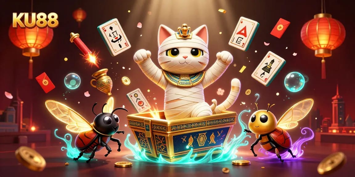 Bet big with KU88 at an extravagant 3D casino featuring a majestic mummy and mystical scarab.