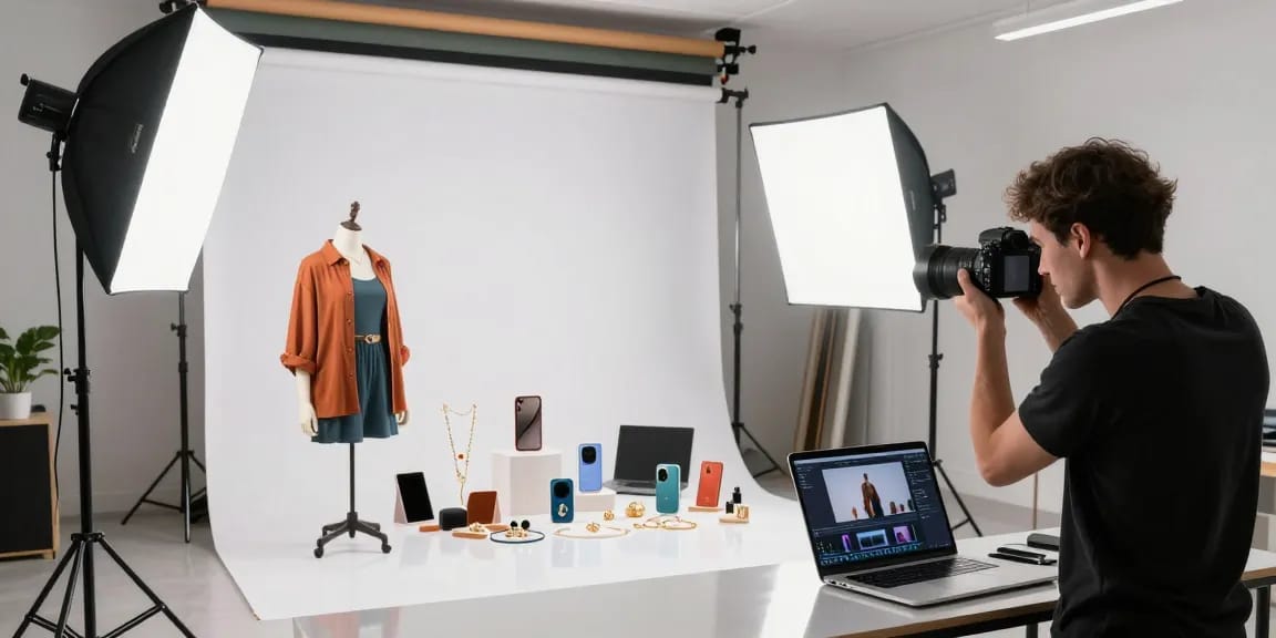 Fotografo ecommerce réalisant des photos professionnelles de produits dans un studio bien éclairé à Milan.