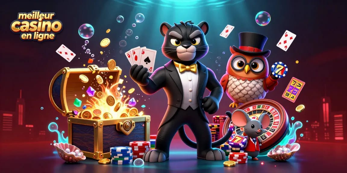 Vivez l'excitation du meilleur casino en ligne avec une scène 3D animée de distribution de cartes par une panthère et des éléments de poker.