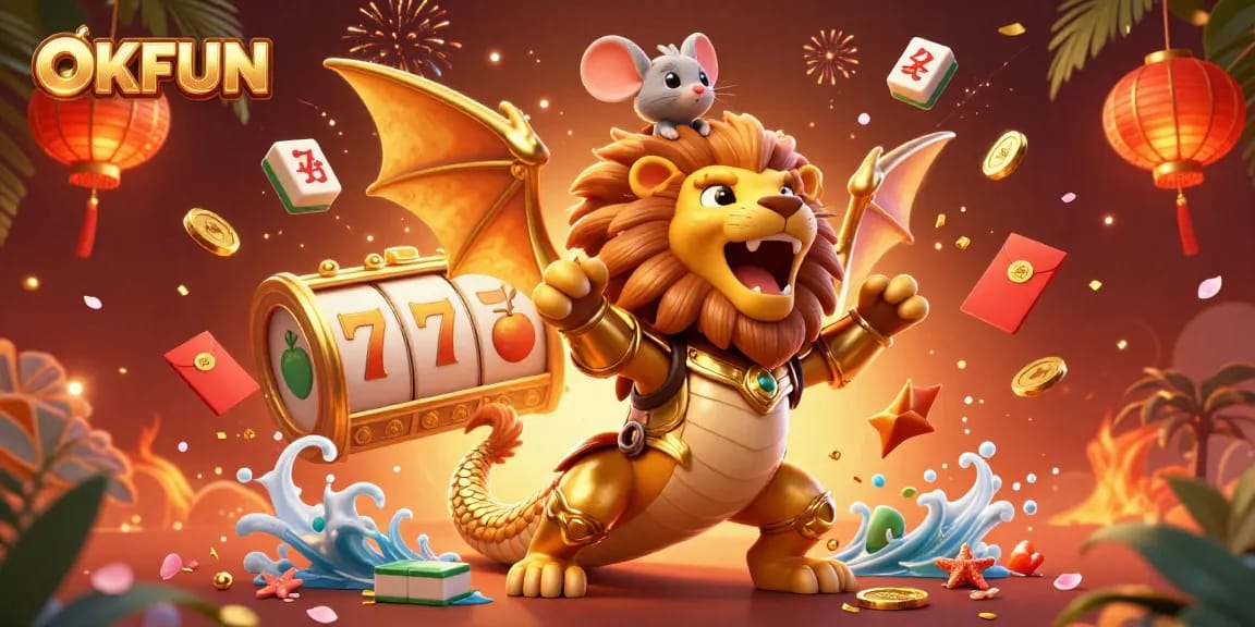 Experience the thrill of winning at OKFUN with vibrant 3D casino elements in a magical illustration.