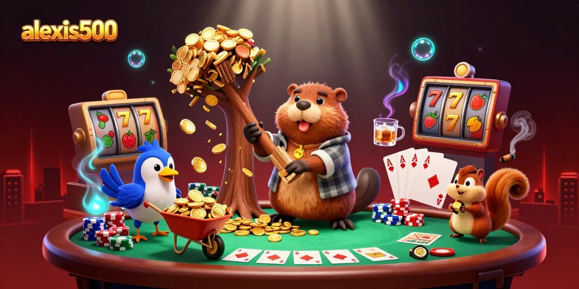 Experience big wins at alexis500 with a lively scene of a lumberjack beaver and friends collecting golden coins.