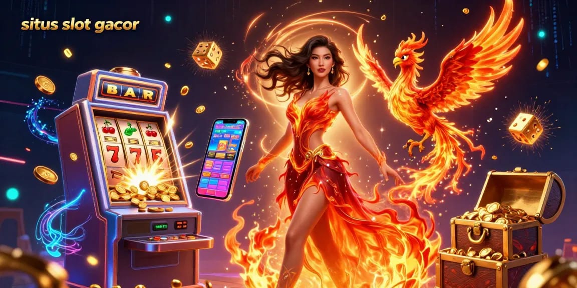 Spark excitement with situs slot gacor as coins burst from a lively slot machine in this dynamic casino scene.