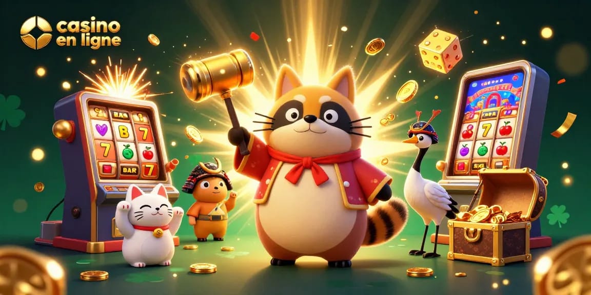 Jouez à des jeux de casino en ligne avec excitation, illustré par un tanuki et des maneki-neko.