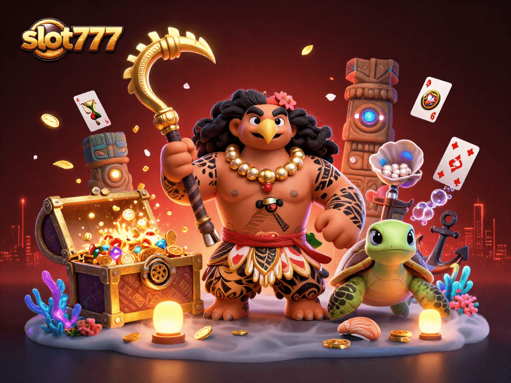 Engage with slot777 as the Polynesian hawk and a turtle uncover treasures, battling luck in a vibrant casino scene.