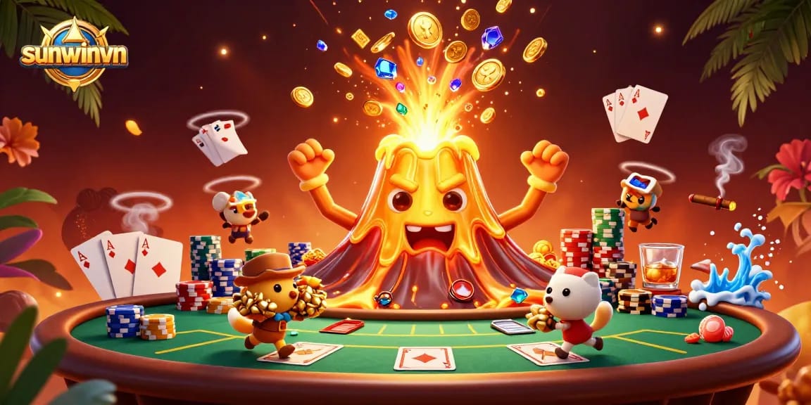 Play exciting games with sunwinvn's golden volcano erupting treasures and thrilling poker elements