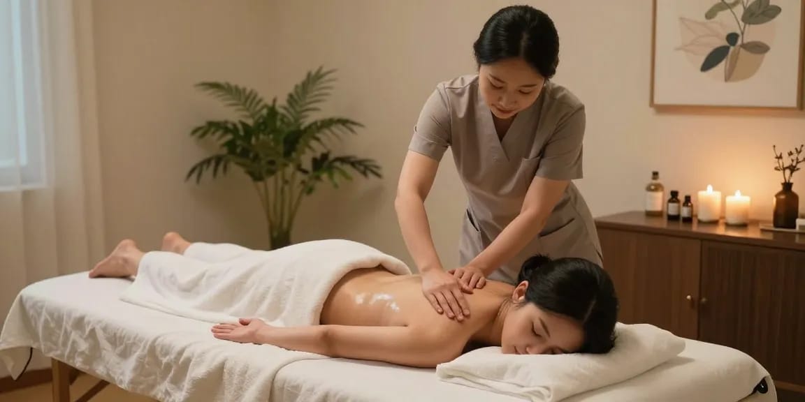 성남출장안마로 편안한 마사지 서비스를 받는 고객의 모습, 아늑한 마사지 룸에서 촛불과 에센셜 오일이 배치되어 있는 모습